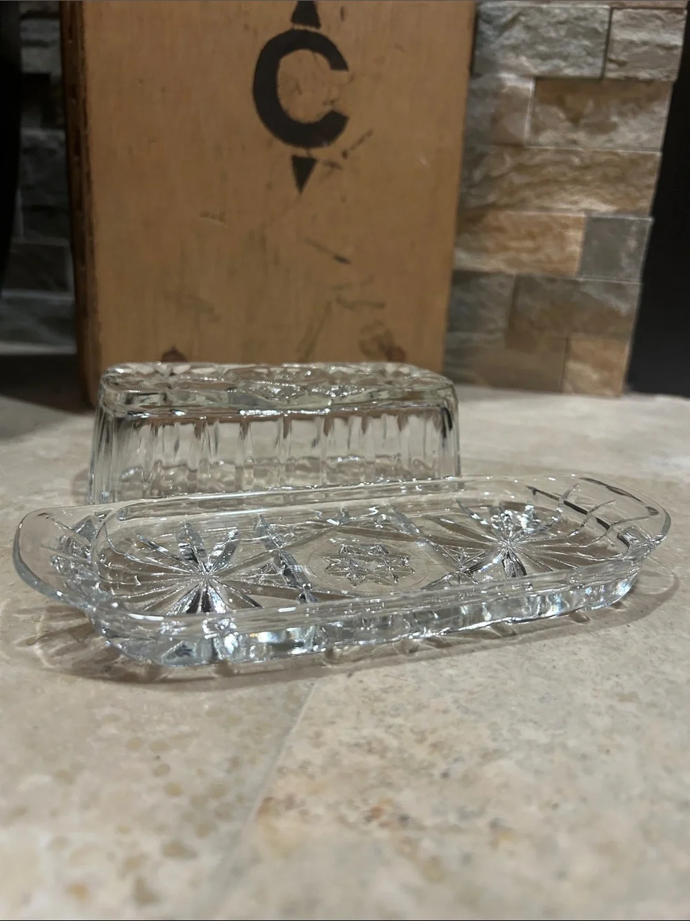 vintage Anchor Hocking (EAPC) Star of David clear glass covered butter dish